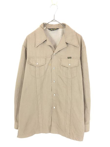 古着 70s USA製 Wrangler 先染め ブラウン デニム 開襟 ウエスタン シャツ ジャケット L