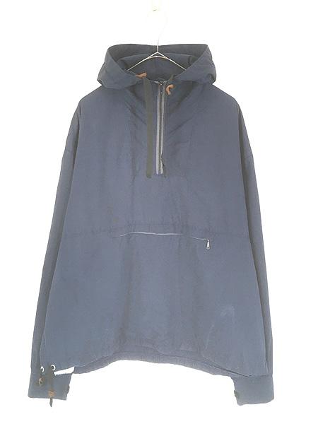 古着 70s WoolRich コットン ハーフジップ プルオーバーアノラック パーカー フーデッド ジャケット NAVY XL