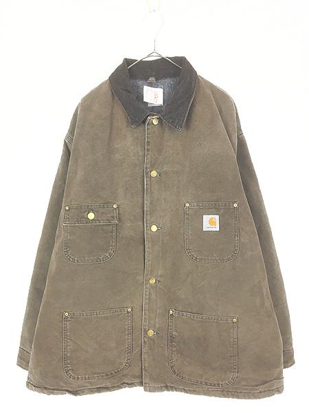古着 90s USA製 Carhartt 裏地 ストライプ ブランケット ダーク ブラウン ダック ミシガンチョア カバーオール ジャケット XXL