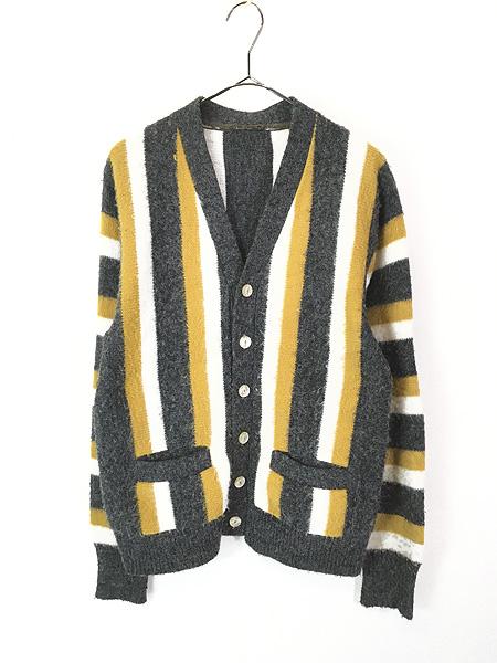 古着 60s 太ピッチ ワイド マルチ ストライプ アクリル ニット カーディガン XL位