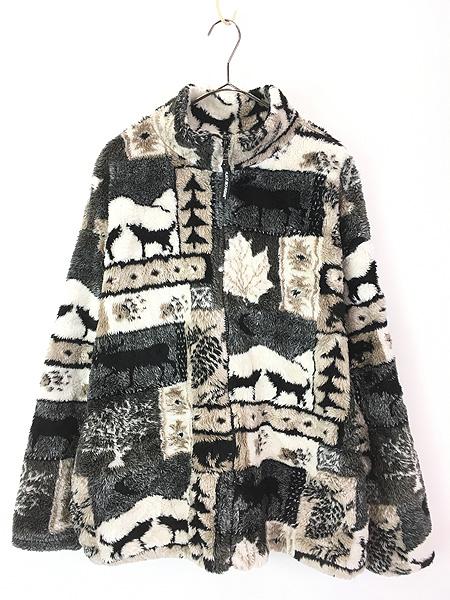 古着 90s USA製 BLACK MOUNTAIN シカ オオカミ クマ マルチ アニマル フリース ジャケット L 古着
