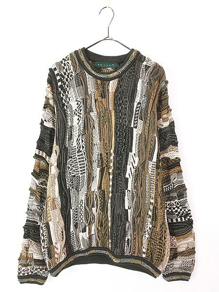 古着 90s 製 TUNDRA 3D カラフル ランダム ストライプ アート コットン ニット セーター XL 古着