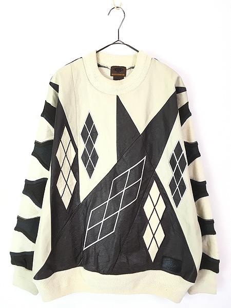 古着 90s TRUST 本革 レザー ダイヤ アート アクリル ニット セーター XXL 古着の通販は