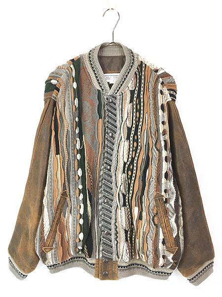 古着 90s Australia製 Carlo o アーム 本革 レザー 3D ランダム ストライプ コットン ニット カーディガン ジャケット S 古着