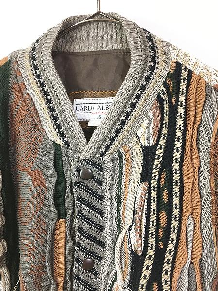 古着 90s Australia製 Carlo o アーム 本革 レザー 3D ランダム ストライプ コットン ニット カーディガン ジャケット S 古着 古着 90s Australia製 Carlo Alberto アーム 本革 レザー 3D ランダム