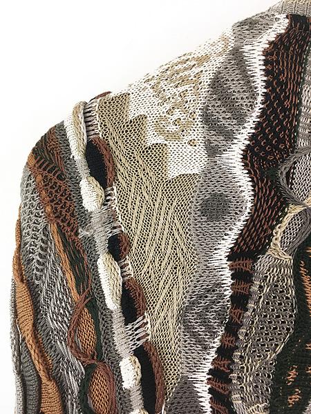 古着 90s Australia製 Carlo o アーム 本革 レザー 3D ランダム ストライプ コットン ニット カーディガン ジャケット S 古着 古着 90s Australia製 Carlo Alberto アーム 本革 レザー 3D ランダム