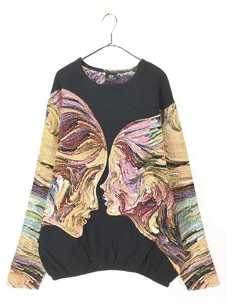 古着 USA製 DREAM OF THREADS 「TWO FACE SWEATER」 フェイス アート ゴブラン コットン ニット セーター XL 古着の通販は 15,400円