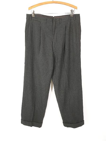古着 60s Saxon 腰帯なし ブラック ストライプ ハイウエスト ウール スラックス パンツ ストレート W34 L30
