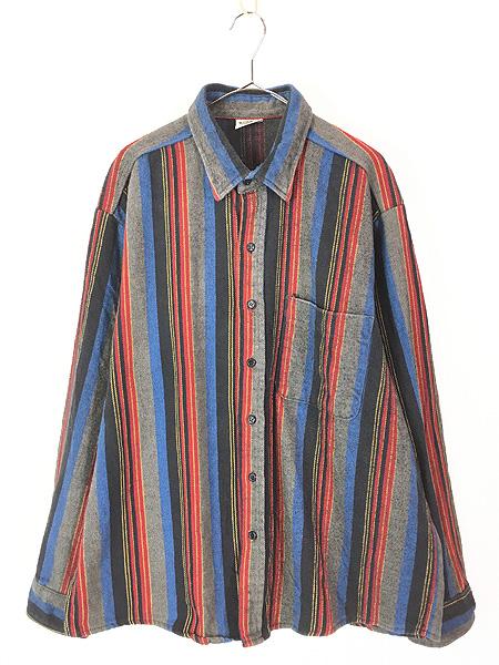 古着 90s USA製 FIVE BROTHER マルチ ストライプ ヘビー フランネル コットン シャツ ヘビネル XL