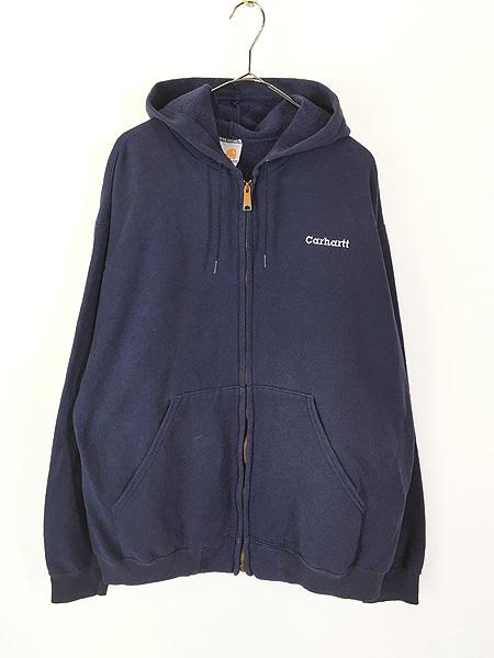 古着 00s Carhartt ワンポイント ソリッド スウェット ジップ パーカー ネイビー XL 古着の通販は