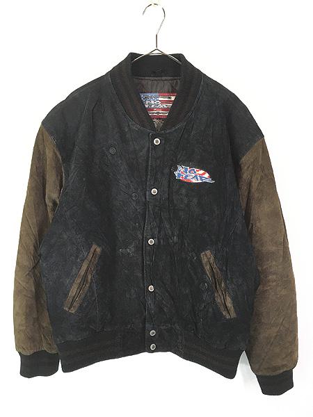 古着 90s NO FEAR 「All American」 ウィング 本革 スエード レザー スタジアム ジャケット スタジャン L