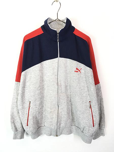 古着 80s PUMA ロゴ 刺しゅう リブライン ハイネック スウェット ジャージ トップ L 古着