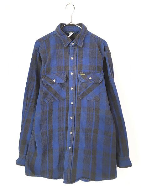 古着 80s Oshkosh B'gosh ブルー × ブラック バッファロー チェック ヘビー フランネル シャツ ヘビネル XL位