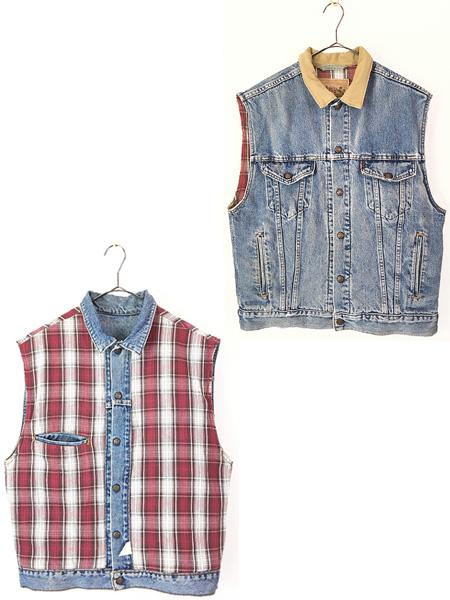 古着 90s USA製 Levi's 70594-4849 チェック × デニム リバーシブル トラッカー ベスト Gジャン M