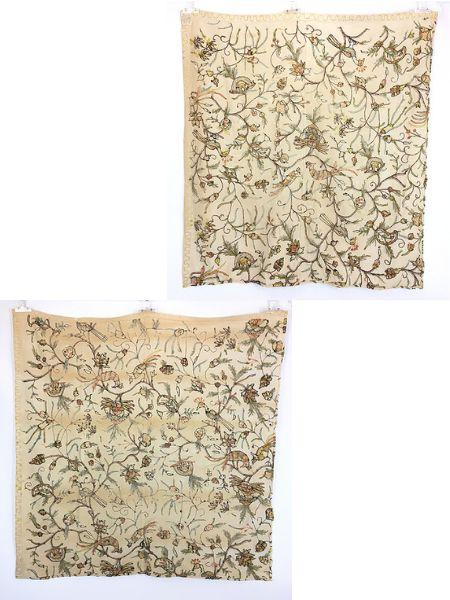 雑貨 古着 70s- India製 花 フラワー ボタニカル 鳥 総柄 チェーンステッチ 総刺しゅう カバー ファブリック シーツ インテリア 2枚セッ