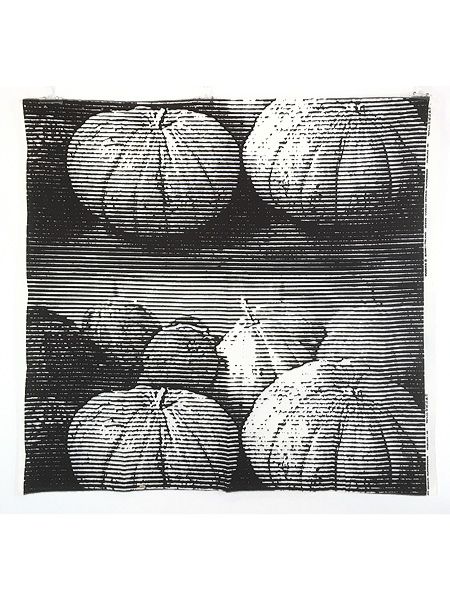 雑貨 古着 80s marimekko Vuokko Eskolin-Nurmesniemi 「HEDELMA」 かぼちゃ 野菜 ボーダー モノクロ カバー ファブリック シーツ インテ
