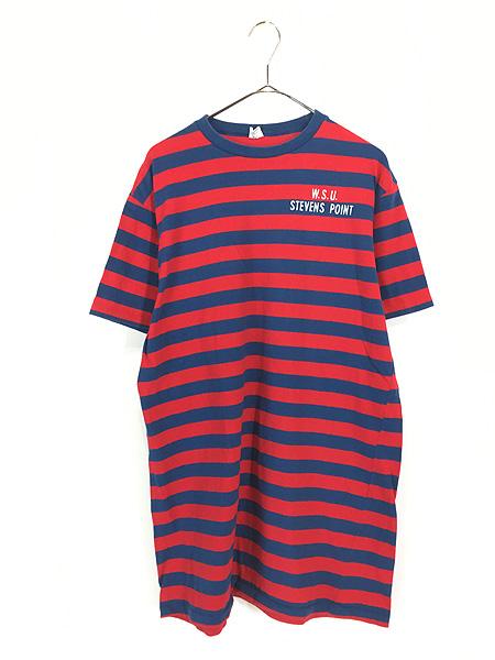 古着 70s USA製 Champion 「W.S.U STEVENS POINT」 カレッジ 太ピッチ ワイド ボーダー Tシャツ XL