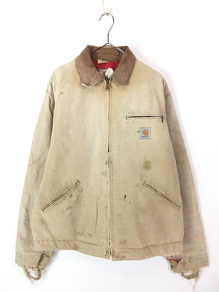古着 80s- Carhartt レッド キルティング ライナー ダメージ&フェード ブラウン ダック デトロイト ジャケット XL位