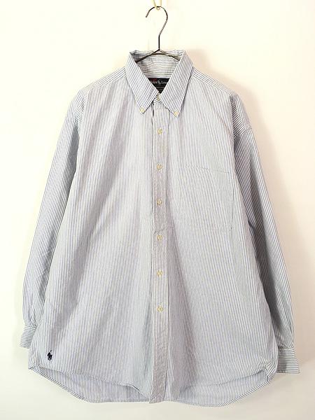 古着 90s Ralph Lauren 「BIG SHIRT」 裾ポニー 青×白 ストライプ ポケット付 BD シャツ L 古着