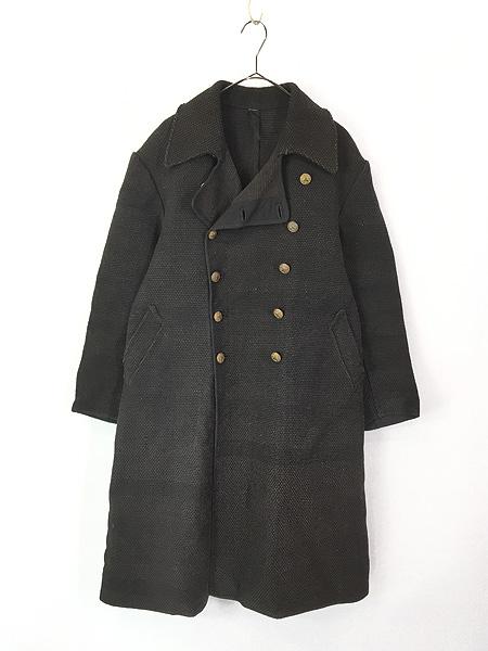 古着 〜50s 日本製 消防団 桜紋 刺し子編み ヘビー コットン 火消し ファイヤーマン ダブルブレスト コート ブラック XL位