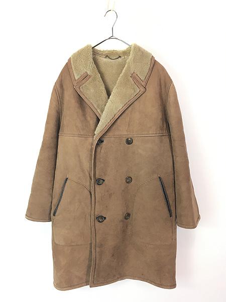 古着 70s 英国製 Sirela 本革 ムートン シープスキン レザー ダブルブレスト コート XL位