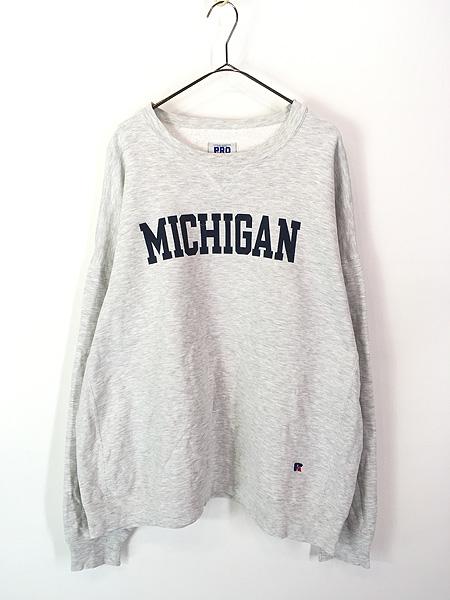 古着 90s USA製 Russell Pro Cotton 「MICHIGAN」 前V セットイン ヘビー スウェット トレーナー XXL
