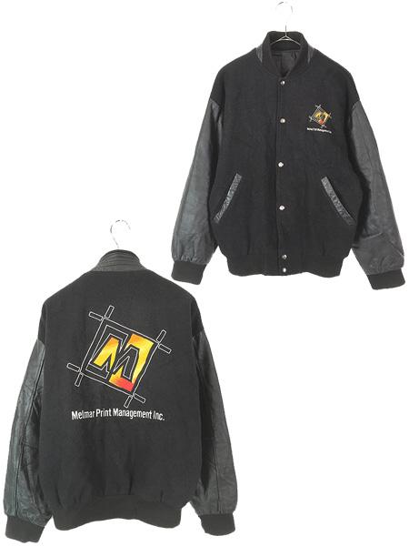 古着 90s 製 Melmar Print Management Inc 本革 レザー メルトン ウール スタジャン ジャケット S