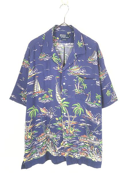 古着 Polo Ralph Lauren 「CALDWELL」 ヤシの木 ヨット ハワイアン 総柄 半袖 開襟 ボックス シャツ L 古着