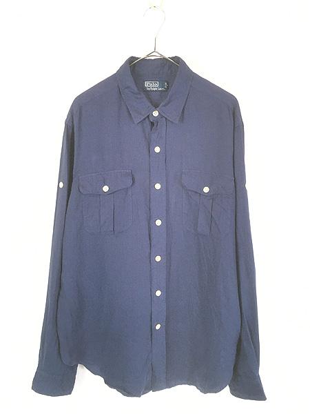 古着 Polo Ralph Lauren ソリッド 2way 100% リネン ポケット付 シャツ ネイビー L 古着