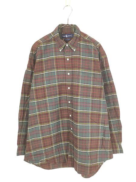 古着 90s Ralph Lauren 「The Big Oxford」 裾ポニー マルチ チェック OXフォード ポケット付 BD シャツ M 古着