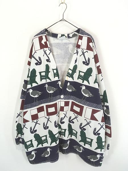 古着 90s USA製 Michigan Rag マリンフラッグ イカリ ログチェア カモメ マルチ アート スウェット カーディガン 3XL位 古着