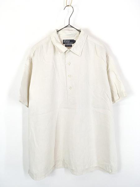 古着 Polo Ralph Lauren 「CLARENCE SPORT」 無地 ソリッド 100% リネン プルオーバー 半袖 シャツ オフホワイト L 古着