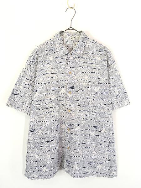 古着 91s Patagonia 白タグ 名作 鯉 コイ クラゲ 総柄 コットン 半袖 ボックス シャツ L 古着