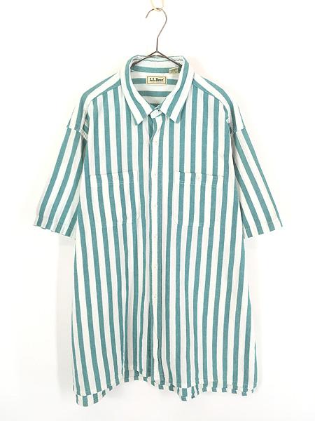 古着 90s USA製 LL Bena 「Cool Weave」 半袖 コットン メッシュ ストライプ ボックス シャツ XL-Tall