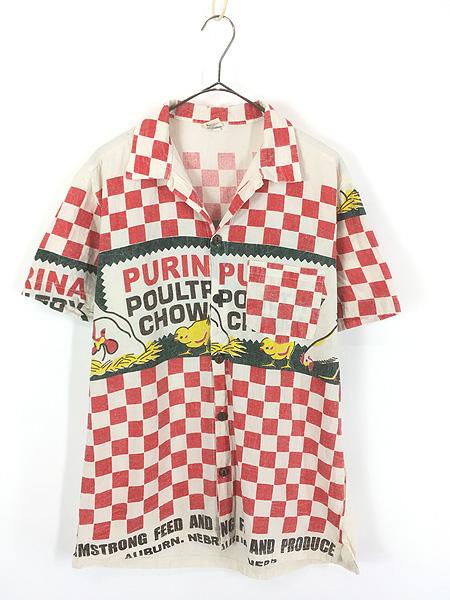 古着 00s Junk Shop 「Purina Poultry Chows」 チェッカー 総柄 半袖 開襟 フィードサック シャツ M