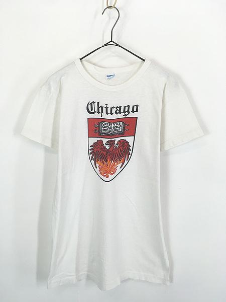 古着 70s USA製 Champion 「Chicago University」 カラー 染込み プリント 100% コットン Tシャツ L 古着