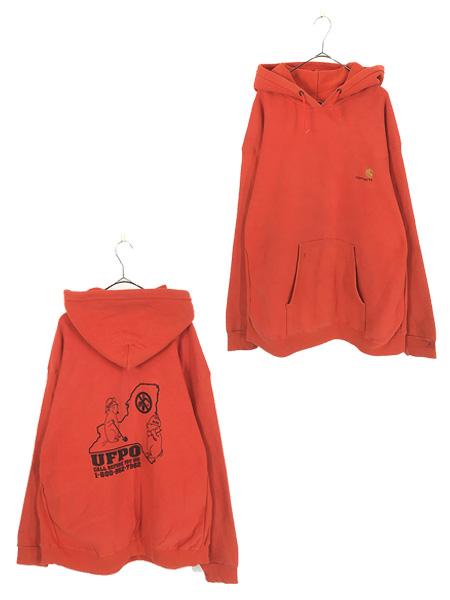 古着 80s USA製 Carhartt モグラ プリント リバース タイプ スウェット パーカー オレンジ XXL 古着