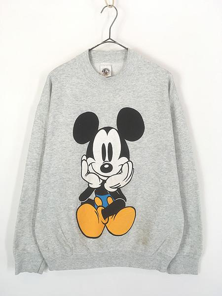古着 90s USA製 Disney Mickey 青パン おすわり ミッキー 両面 BIG プリント スウェット トレーナー L 古着