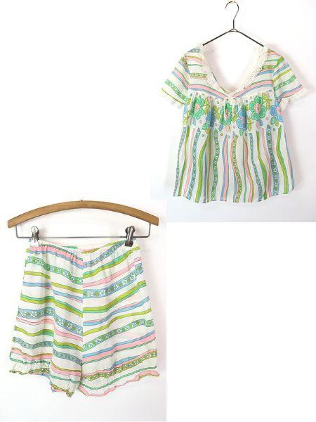 レディース 古着 80s Tommies 花 フラワー ボーダー チュニック トップス × ショーツ パンツ セットアップ M 古着