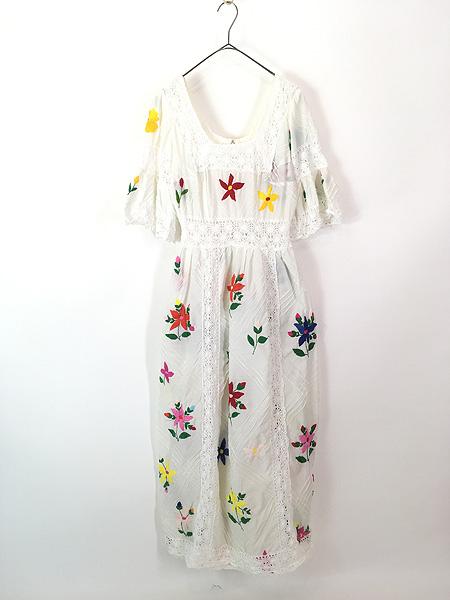 レディース 古着 70s カラフル 花 フラワー ハンド 刺しゅう クロシェ レース コットン ワンピース マキシ丈 M位 古着