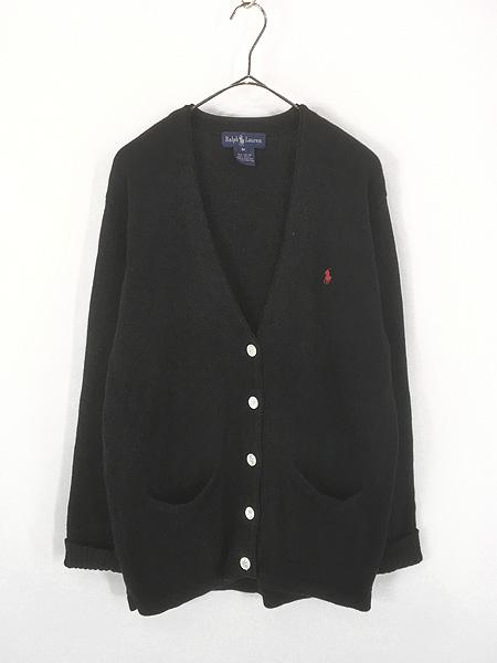 レディース 古着 90s Ralph Lauren ワンポイント Vネック コットン ニット ワーク カーディガン 黒 M