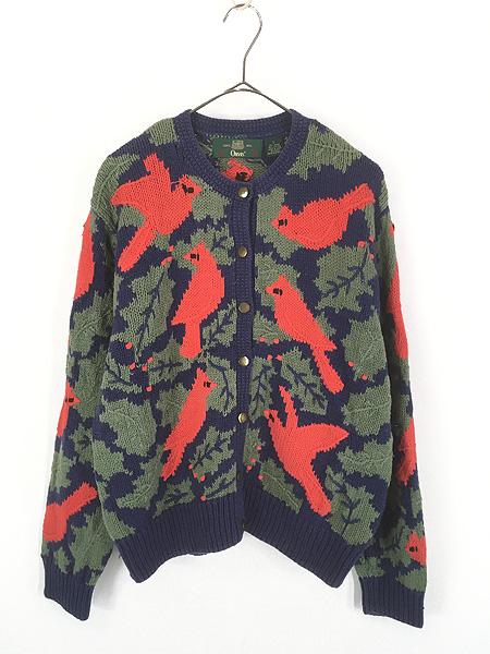 レディース 古着 90s ORVIS 鳥 バード アニマル 総柄 麻 コットン ニット カーディガン L