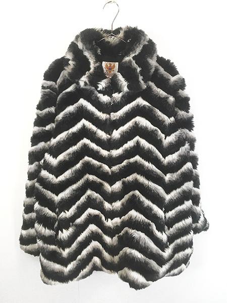 レディース 古着 90s AMERI MODE モノトーン シェブロン ストライプ フェイクファー ジャケット L