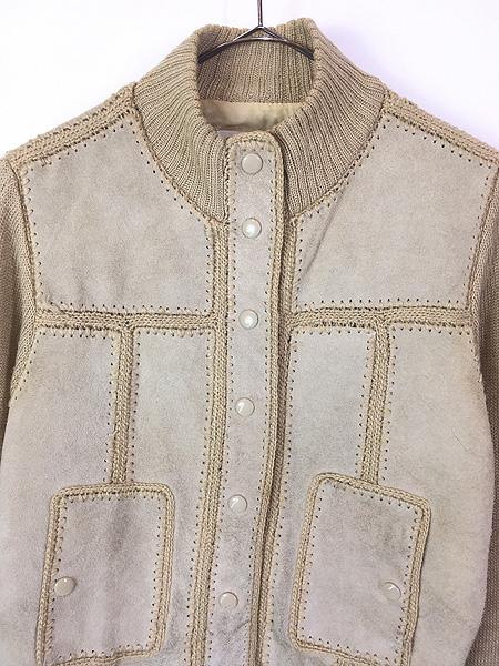 80s 【TAUROS】ギリシャ製　ニット レザーパッチワーク ジャケット 90s ビンテージ LEATHER WORKS パッチワーク クラフト レザー