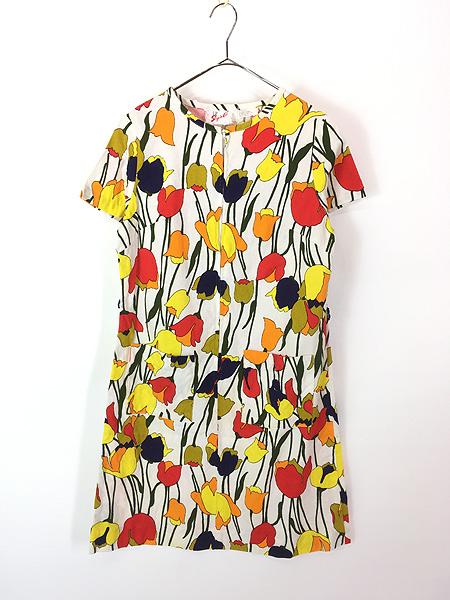 レディース 古着 70s Step'n Go 花 フラワー チューリップ 総柄 ハーフジップ 半袖 ワンピース ひざ丈 M位 古着