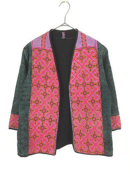 レディース 古着 70s 民族 ネイティブ 幾何学 クロスステッチ 8分袖 コットン リネン ジャケット M位 古着