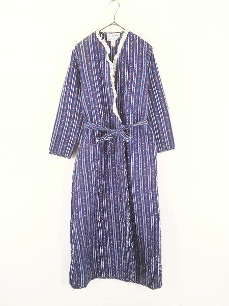 レディース 古着 80s USA製 Lanz of Salzburg 花 フラワー ストライプ フランネル キルティング ガウン コート M