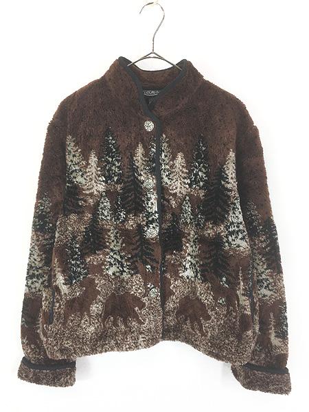 レディース 古着 90s USA製  森 動物 総柄 デザイン ボア フリース ジャケット M