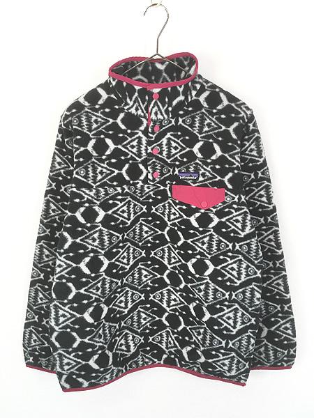 レディース 古着 17s Patagonia ネイティブ 魚 総柄 シンチラ スナップT フリース ジャケット M