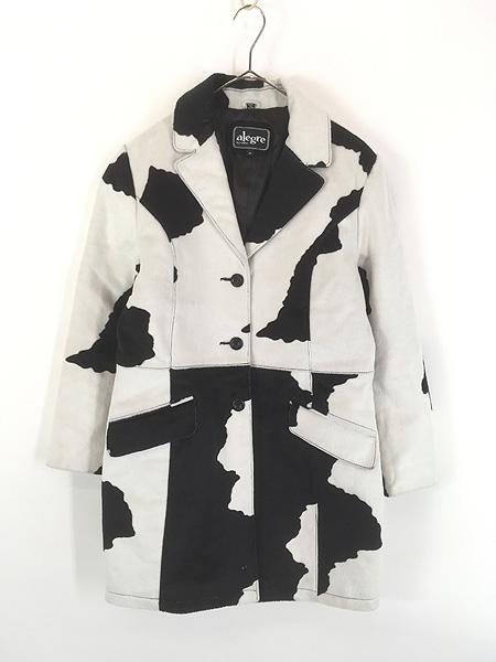 レディース 古着 90s alegre 牛柄 アニマル 総柄 フェイクファー 本革 ピッグ レザー コート M